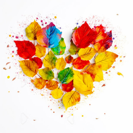Heart made out of colorful leaves on white background with paint splatters. Generative AI.の素材