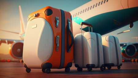 Three pieces of luggage sitting on the ground next to an airplane. Generative AI.の素材