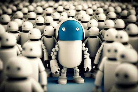 Small robot standing in front of a group of smaller robot figurines in black and white. Generative AI.の素材