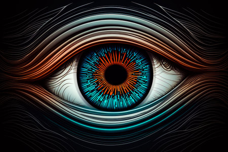 An eye with an orange and blue wave pattern. Generative AI.の素材