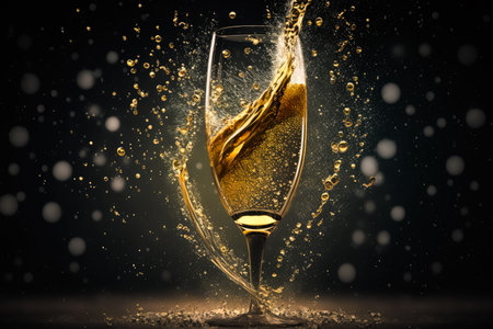 Glass of champagne with splash of liquid. Generative AI.の素材