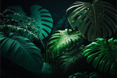 Tropical plants in the dark with green leaves. Generative AI.の素材