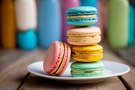 Stack of macaroons sitting on top of white plate on table. Generative AI.の素材