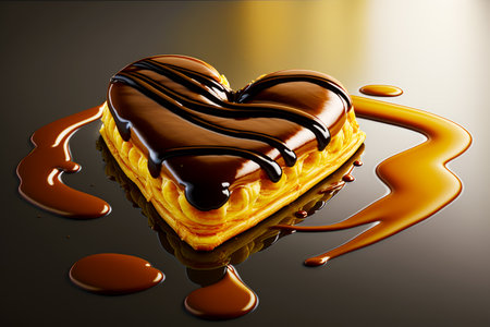 Heart shaped cake sitting on top of table covered in caramel. Generative AI.の素材