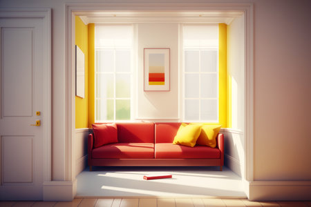 Red couch sitting in living room next to white wall and window. Generative AI.の素材