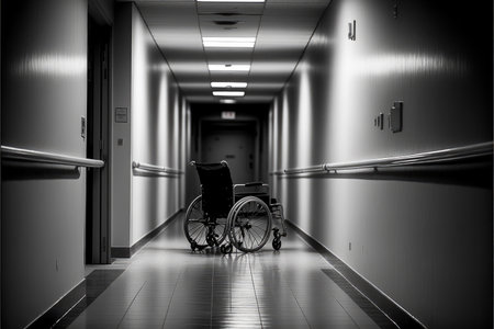 Black and white photo of wheelchair in hallway. Generative AI.の素材
