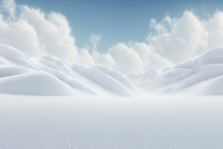 Snowy landscape with white clouds and blue sky with few white clouds. Generative AI.の素材