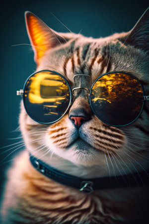 Close up of cat wearing sunglasses with cat's face. Generative AI.の素材