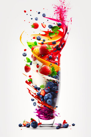 Cup filled with fruit and splashing on top of white surface. Generative AI.の素材