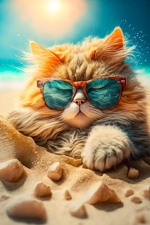 Cat wearing sunglasses laying on the beach with starfish in its paws. Generative AI.の素材