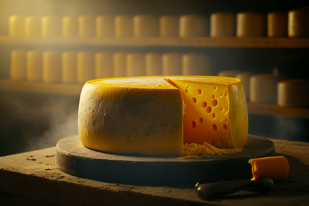 Piece of cheese sitting on top of cutting board next to knife. Generative AI.の素材
