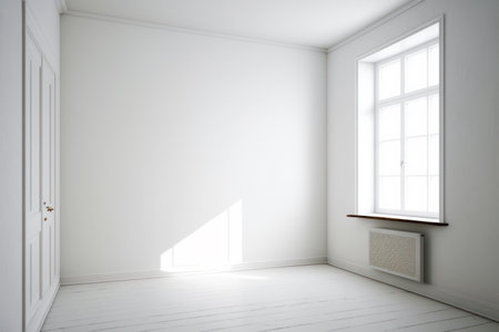 Empty room with window and radiator in the corner. Generative AI.の素材