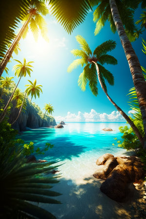 Image of tropical beach with palm trees and clear blue water in the foreground. Generative AI.の素材