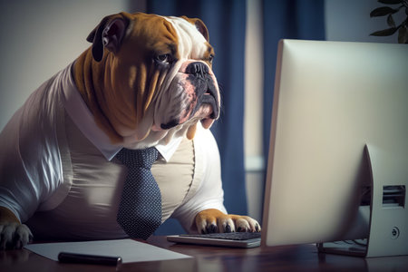 Dog wearing tie and sitting in front of laptop computer on desk. Generative AI.の素材