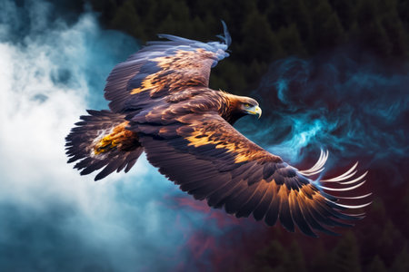 Large bird flying through the air with a lot of smoke behind it. Generative AI.の素材