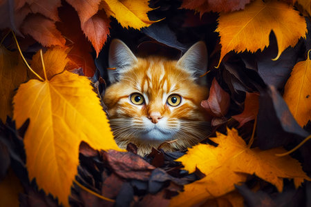 Cat is peeking out from a pile of leaves with its eyes wide open. Generative AI.の素材