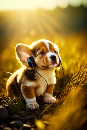 Puppy with headphones is sitting in the grass and listening to music. Generative AI.の素材