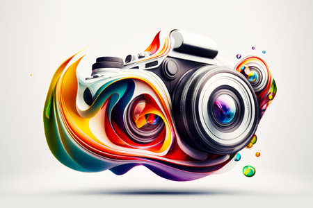 Digital camera with colorful swirls and bubbles coming out of the camera. Generative AI.の素材