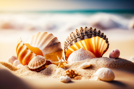 Seashells and seashells on sandy beach with blue ocean in the background. Generative AI.の素材