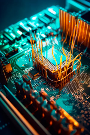 Close up of computer motherboard with many wires and connectors. Generative AI.の素材