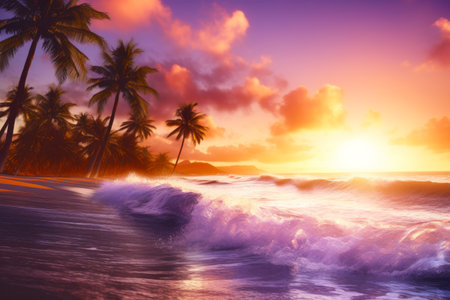Image of sunset over beach with palm trees and wave. Generative AI.の素材