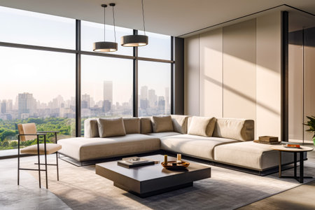Living room with large couch and coffee table in front of large window. Generative AI.の素材
