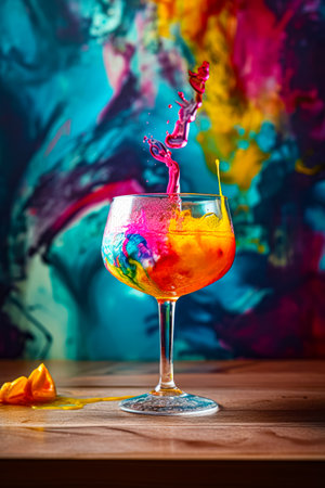 Colorful drink being poured into glass with a slice of fruit on the side. Generative AI.の素材