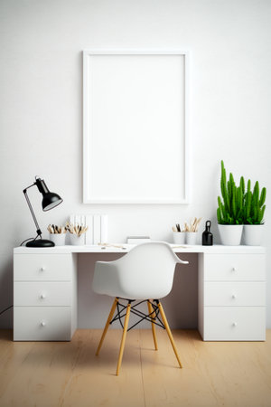 White desk with chair and potted plant next to it. Generative AI.の素材
