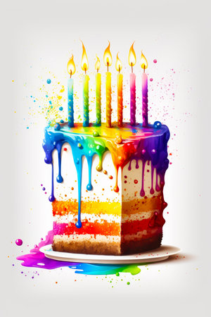 Birthday cake with multicolored icing and lit candles on it. Generative AI.の素材