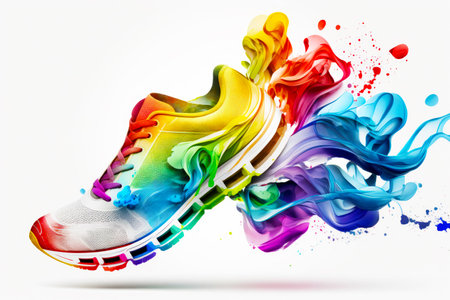 Pair of colorful sneakers with splash of paint on the soles. Generative AI.の素材