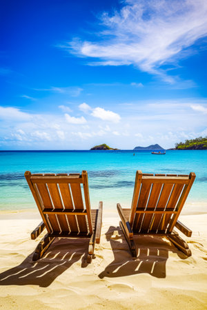 Two wooden chairs sitting on top of sandy beach next to the ocean. Generative AI.の素材