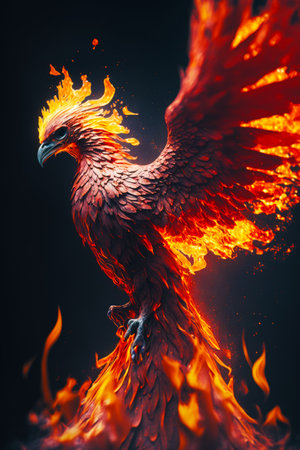 Red and yellow bird with orange and yellow flames on it's wings. Generative AI.の素材