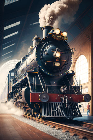 Steam engine train in train station with people standing next to it. Generative AI.の素材