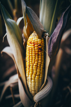Close up of corn on the cob with other plants in the background. Generative AI.の素材