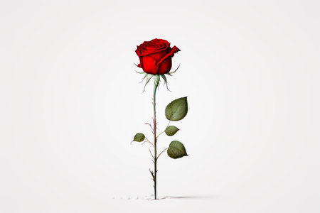 Single red rose with green leaves on white background with space for text. Generative AI.の素材