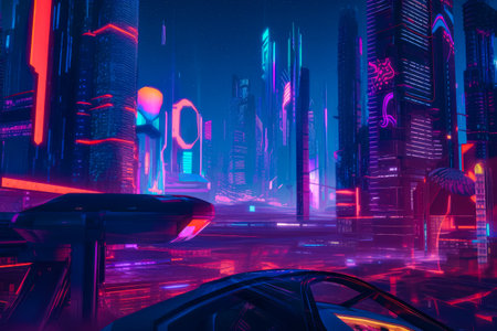 Futuristic city with neon lights and futuristic car in the foreground. Generative AI.の素材