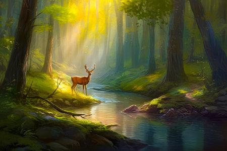 Image of deer standing in the middle of the forest next to the river. Generative AI.の素材