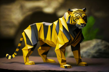 Paper model of tiger that is yellow and black with black stripes. Generative AI.の素材