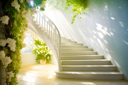 Staircase leading up to window and potted plant next to it. Generative AI.の素材