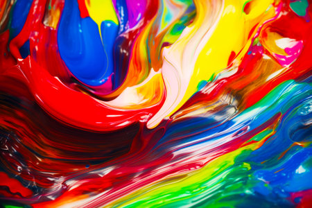 Close up view of multicolored fluid paint textured background. Generative AI.の素材