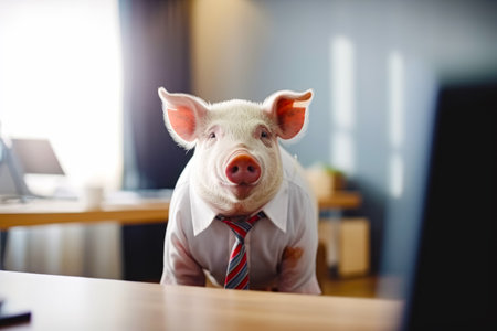 Pig wearing shirt and tie sitting in front of wooden table. Generative AI.の素材