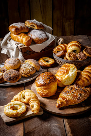 Wooden table topped with lots of different types of breads and pastries. Generative AI.の素材