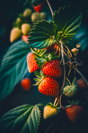 Group of strawberries growing on tree branch with leaves around them. Generative AI.の素材