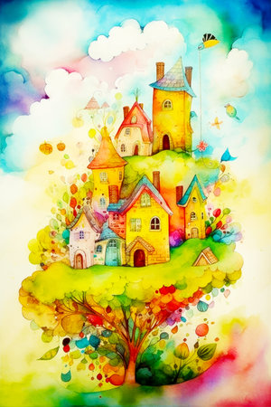 Watercolor painting of house on hill with tree in the foreground. Generative AI.の素材