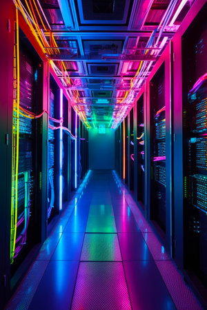 Long hallway with many colorful lights and long hallway between two rows of servers. Generative AI.の素材