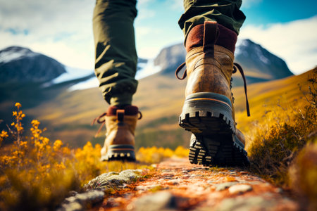 Person wearing hiking boots walking on path in field with mountains in the background. Generative AI.の素材