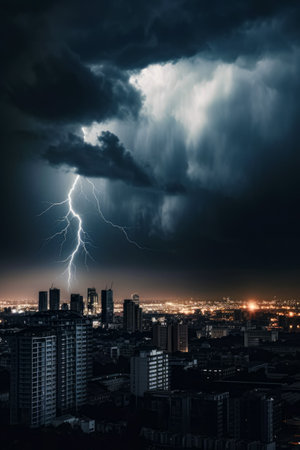 Lightning bolt hitting over city in the night sky over cityscape. Generative AI.の素材