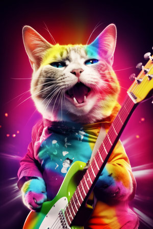 Cat that is holding a guitar in it's paws and making a funny face. Generative AI.の素材