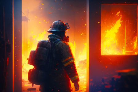 Firefighter standing in front of the fire that is blazing in the background. Generative AI.の素材