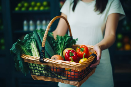 Woman holding basket of vegetables in front of shelf of vegetables. Generative AI.の素材